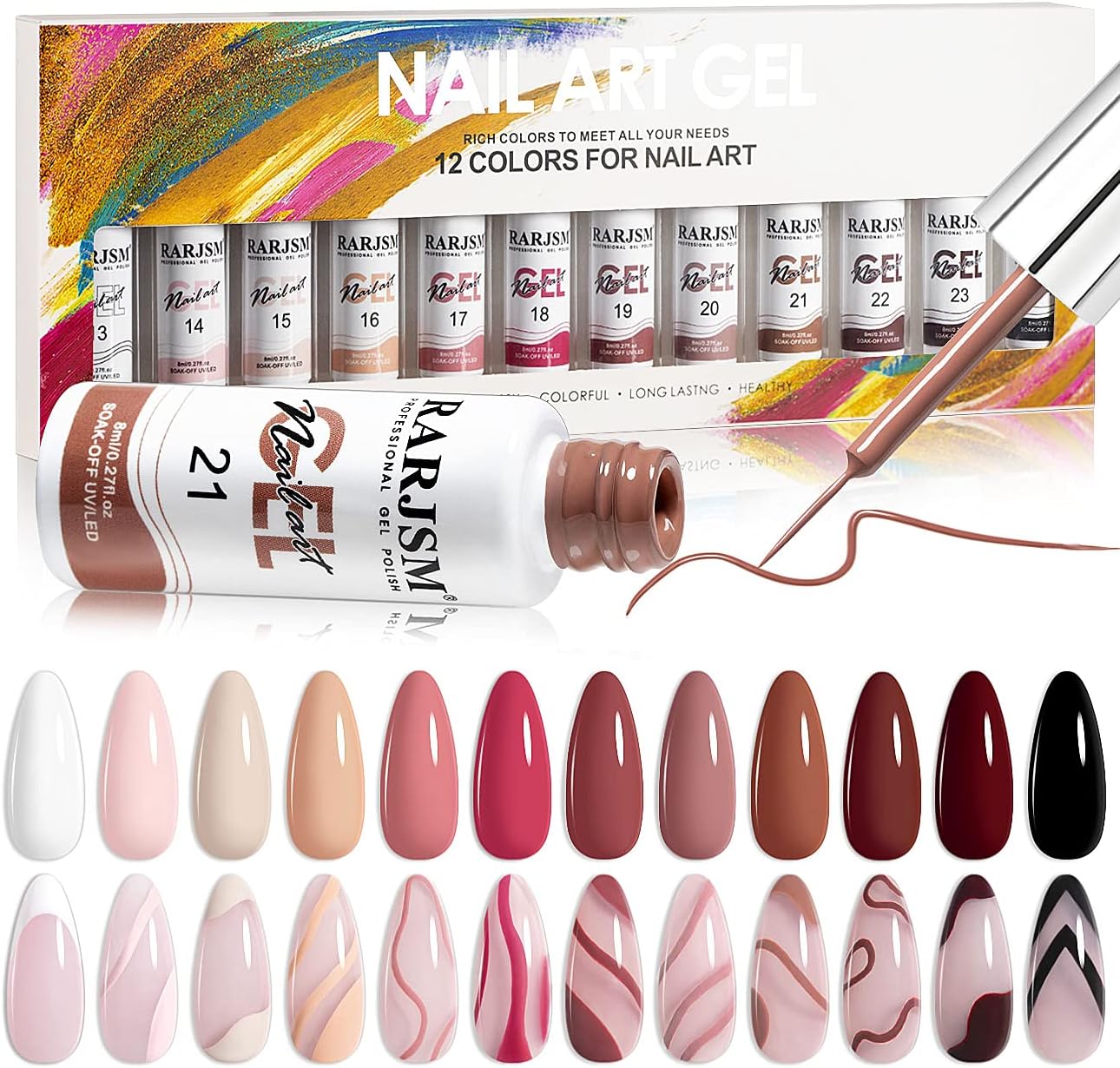 Nail Art Gel Liner Painting Polish Set 12 Colors Autumn Winter Brown Wine Red Collection,Painted Gel Nail Polishes Soak Off Curing Requires Salon DIY Manicure NailArt Design Line Art Gelpolish
