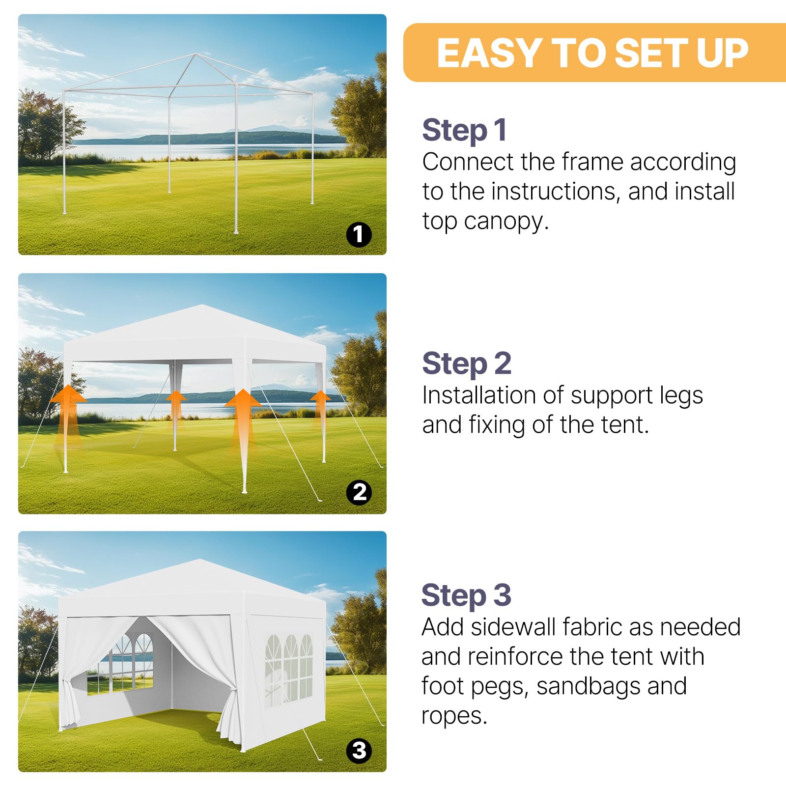 Cenador de jardín resistente al agua, 3 x 9 m, sistema de ranuras estable, varillas de metal, carpa para fiestas, camping, fiestas, lonas de polietileno, con paredes laterales extraíbles, ganchos para