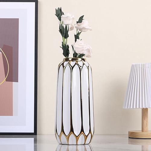 Miniatura 3 de Jarrón de cerámica de oro blanco para decoración del hogar, jarrón de oro blanco para decoración moderna y elegante de sala de estar, decoración de