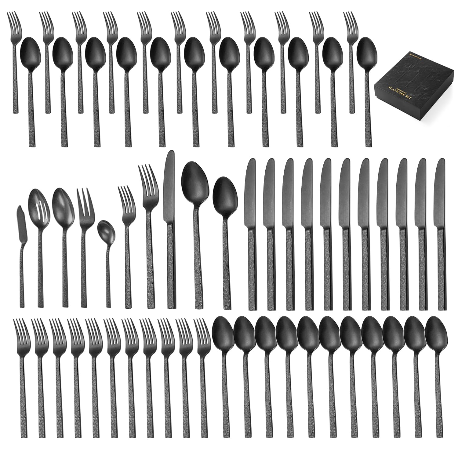 Black Hammered Silverware Set - 45 Pcs for 8 -13