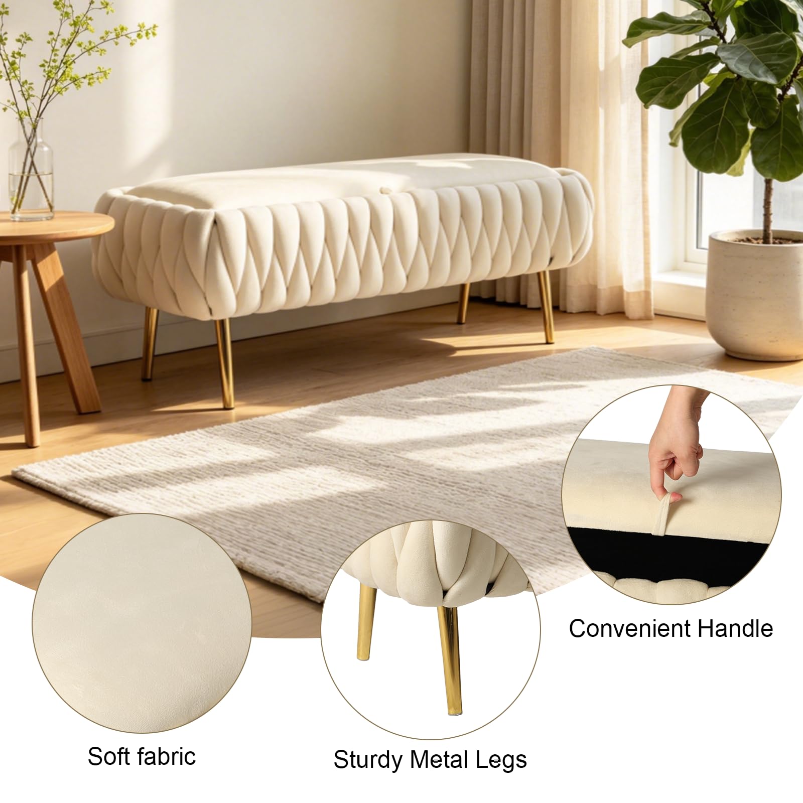 Banco Acolchado con Almacenaje, Banco Recibidor Entrada con Patas de Metal Doradas, Soporta 300 kg, Baul Pie de Cama Dormitorio para Sala, Dormitorio y Entrada 105 x 44 x 44 cm (Beige)