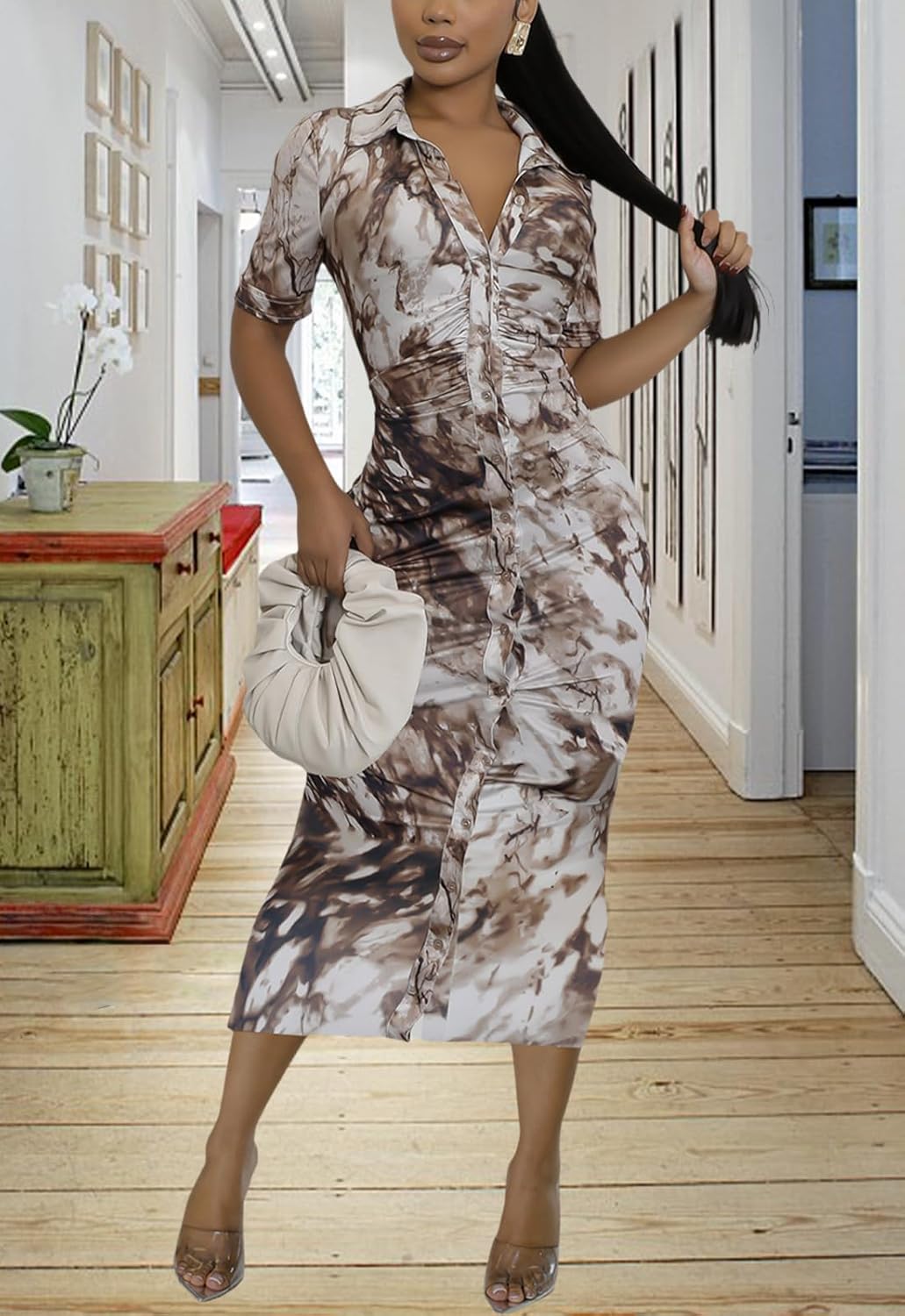 ZERMOM Women's Button Down Shirt Dress Short Sleeve Print Collar V Neck Summer Bodycon Midi Dresses - Image 5