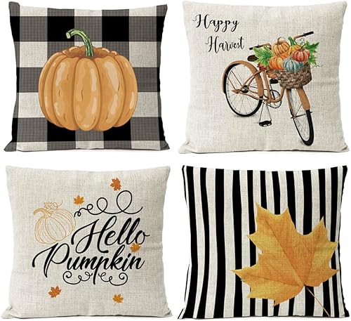 FUNHOM Juego de 4 fundas de almohada de decoración de otoño de 18 x 18 pulgadas, decoración de otoño de Acción de Gracias para decoración del hogar,