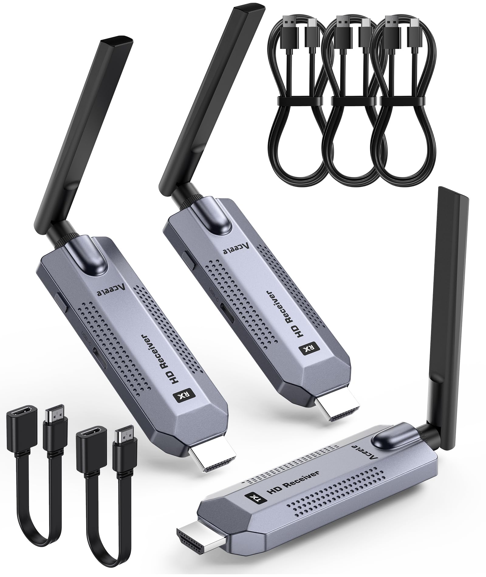 1 Trasmettitore e 2 Ricevitore HDMI Wireless, HD 1080P Dongle HDMI Wireless Extender, Portata 30M, Doppia Banda 2,4/5G Streaming Video/Audio/File da Laptop, PC, TV Box a Monitor/HDTV/Proiettore