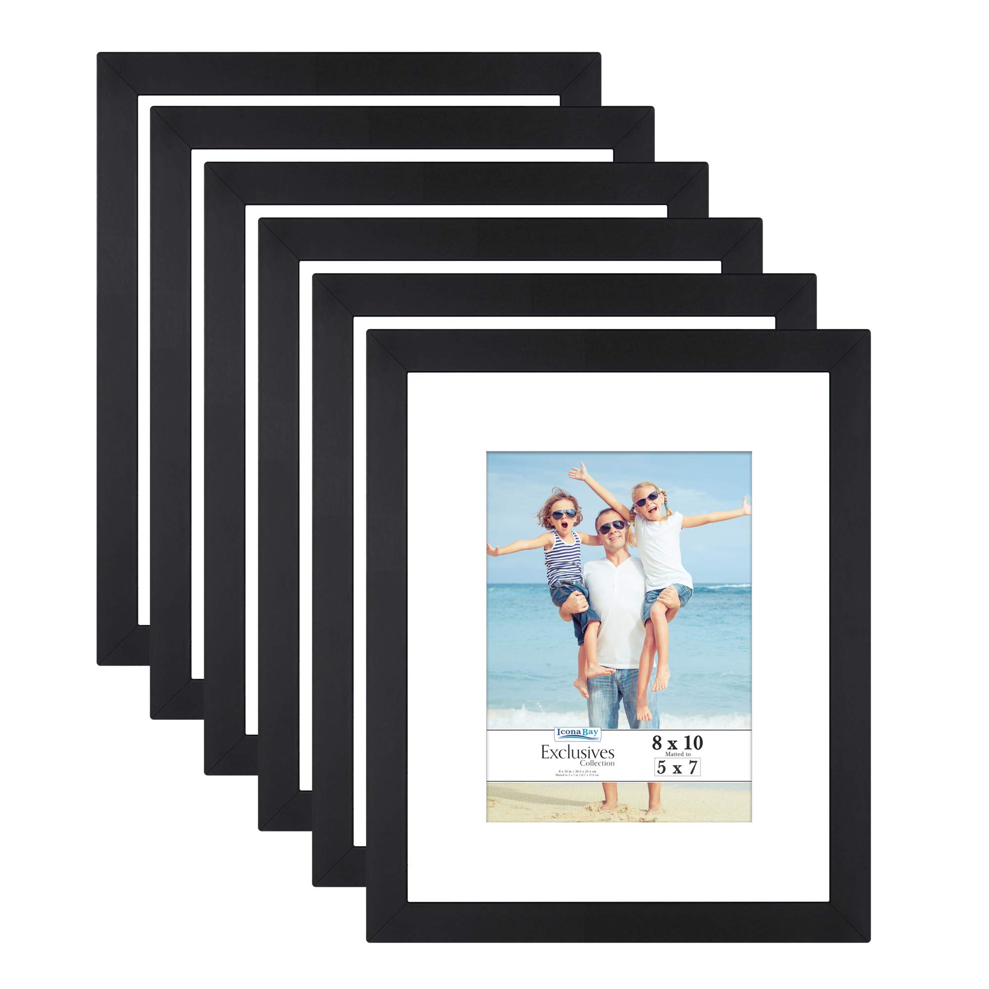 Icona Bay10x8 Picture Frames w/Mat for 7x5 (Black, 6 Pack), Sturdy Wood Composite Photo Frames, Sleek Design, Table Top or Wall Mount, Exclusives Collection