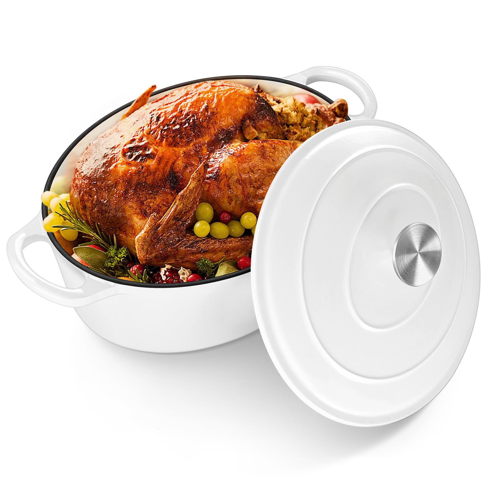 HaSteeL Horno holandés ovalado de hierro fundido, olla profunda esmaltada de 5 cuartos de galón con tapa, utensilios de cocina antiadherentes para hornear pan de masa madre, ideal para estofar,