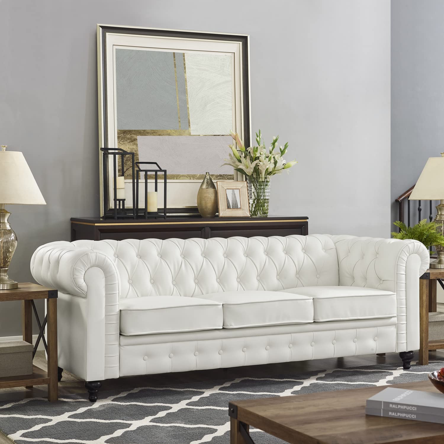 Naomi Home Emery Chesterfield Sofa Set White/Sofa Only