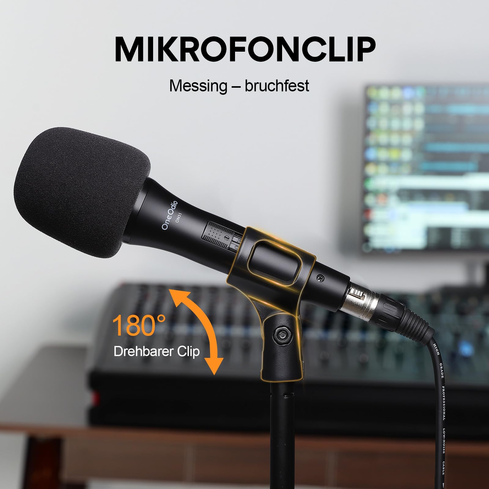 OneOdio ON55 Mikrofon mit Klinkenstecker, Cliphalter & 5m XLR-Kabel, 100% Metallgehäuse, Hervorragende Klangqualität Mikro für Karaoke, Studio, Streaming, Mixer, Podcasts, DJ-Silber