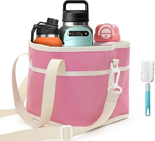 Pink 4 Compartment Drink Bag – Insulated Drink Carrier Bag with Adjustable Strap, Family Size Drink Holder Bag for Multiple Tumblers, Coffee, Travel, Picnics & Daily Outings (Includes Cup Brush)