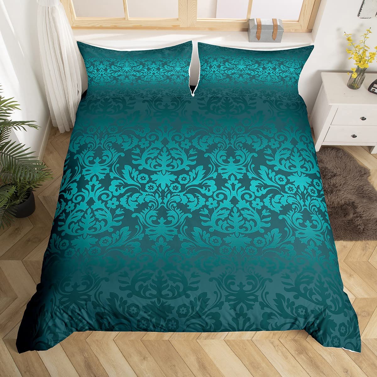 Homewish Teal Ombre Damask Bedding Sets Double Size, Vintage Paisley Floral Duvet Cover Sets for Adults Women, Royal Victorian Baroque Bedding & Linen with Pillowcases, Microfibre Duvet Sets