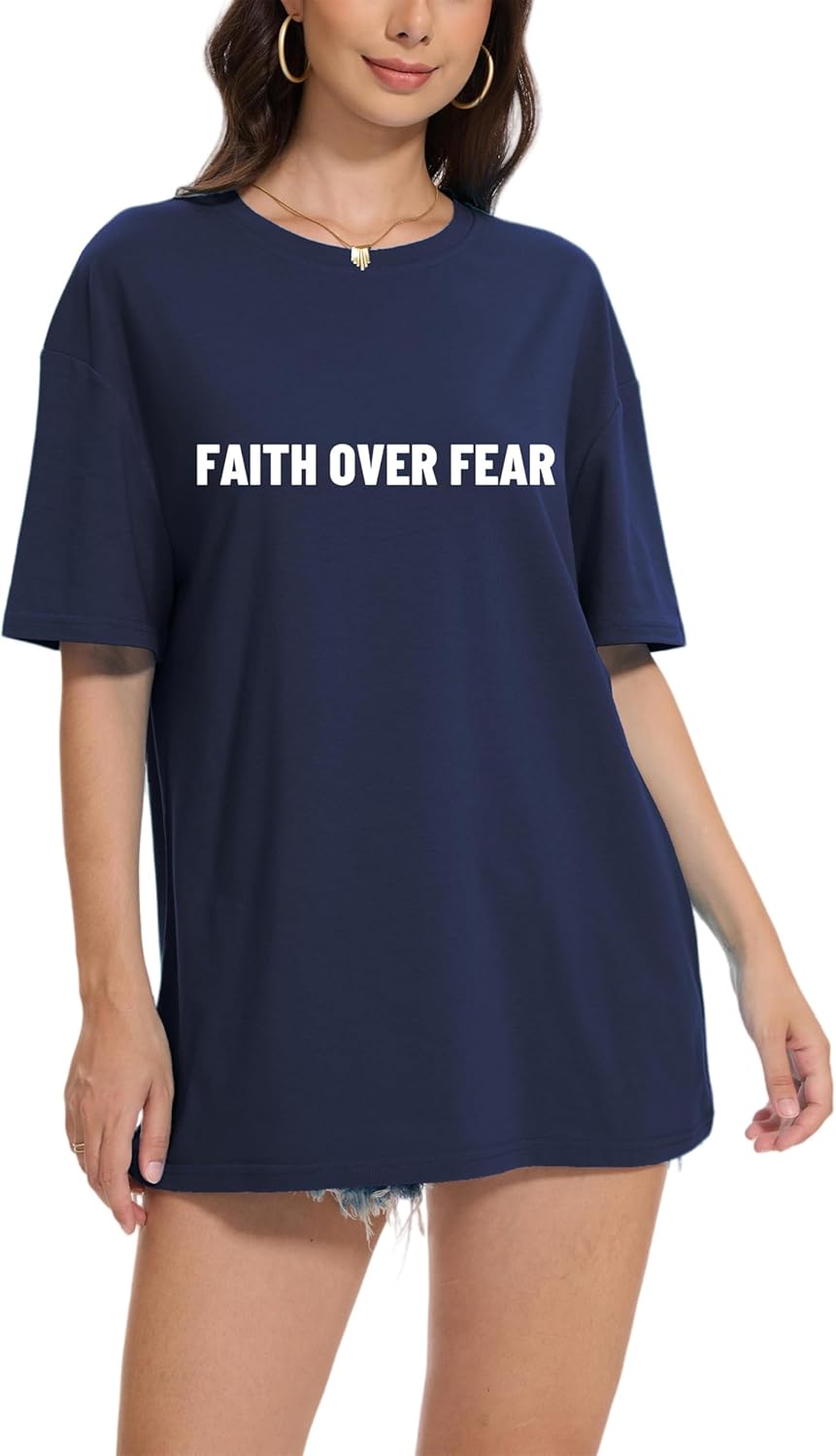 Faith Over Fear Shirts for Women Oversized Christian Jesus Inspirational Tees Religious Sayings Summer Casual Tops - Image 3
