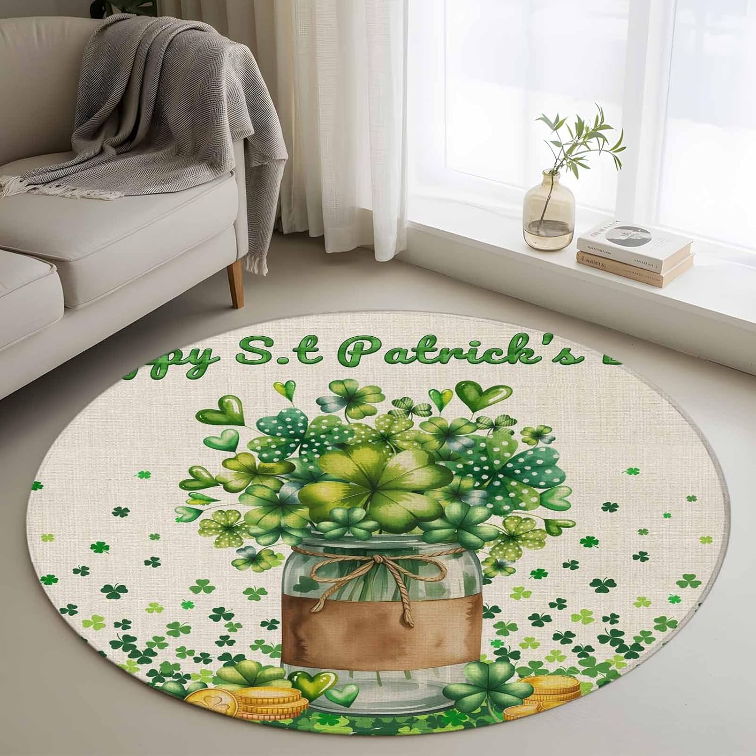 St. Patrick's Day Round Rug 3ft Washable Circle Entryway Rugs Non Slip Farmhouse Green Lucky Clovers Coin Area Rug Indoor Floor Carpet for Bedroom Kitchen Living Room Home Office Dining Room Nursery
