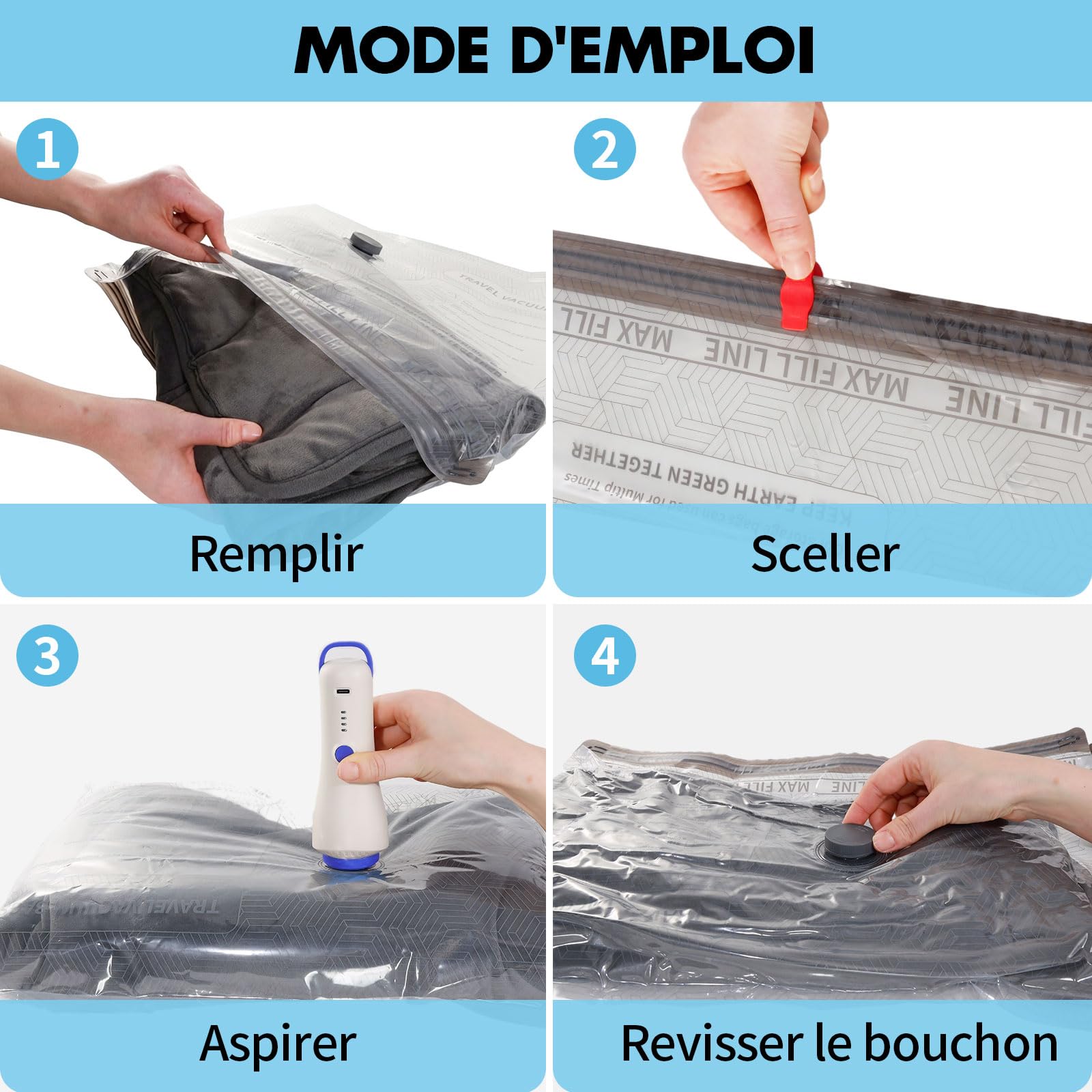 Sac Sous Vide Vetement Aspirateur avec Pompe à Vide Sans Fil, 16+2 Pièces sac sous vide Réutilisables (6x50*40cm, 6x60*40cm, 4x60*50cm, 2x30*40cm) pour Bagages et Rangement Armoire