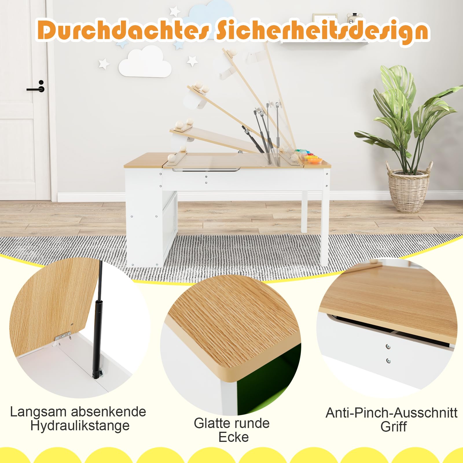 GOPLUS Kinderkunsttisch mit 2 Stuhl & seitliche offene Regal, Kindermöbel Set mit Stauraum & Maltisch, Kindersitzgruppe für Zeichnen & Schreiben, für Kinderzimmer Spielzimmer Kindergarten (Natur)