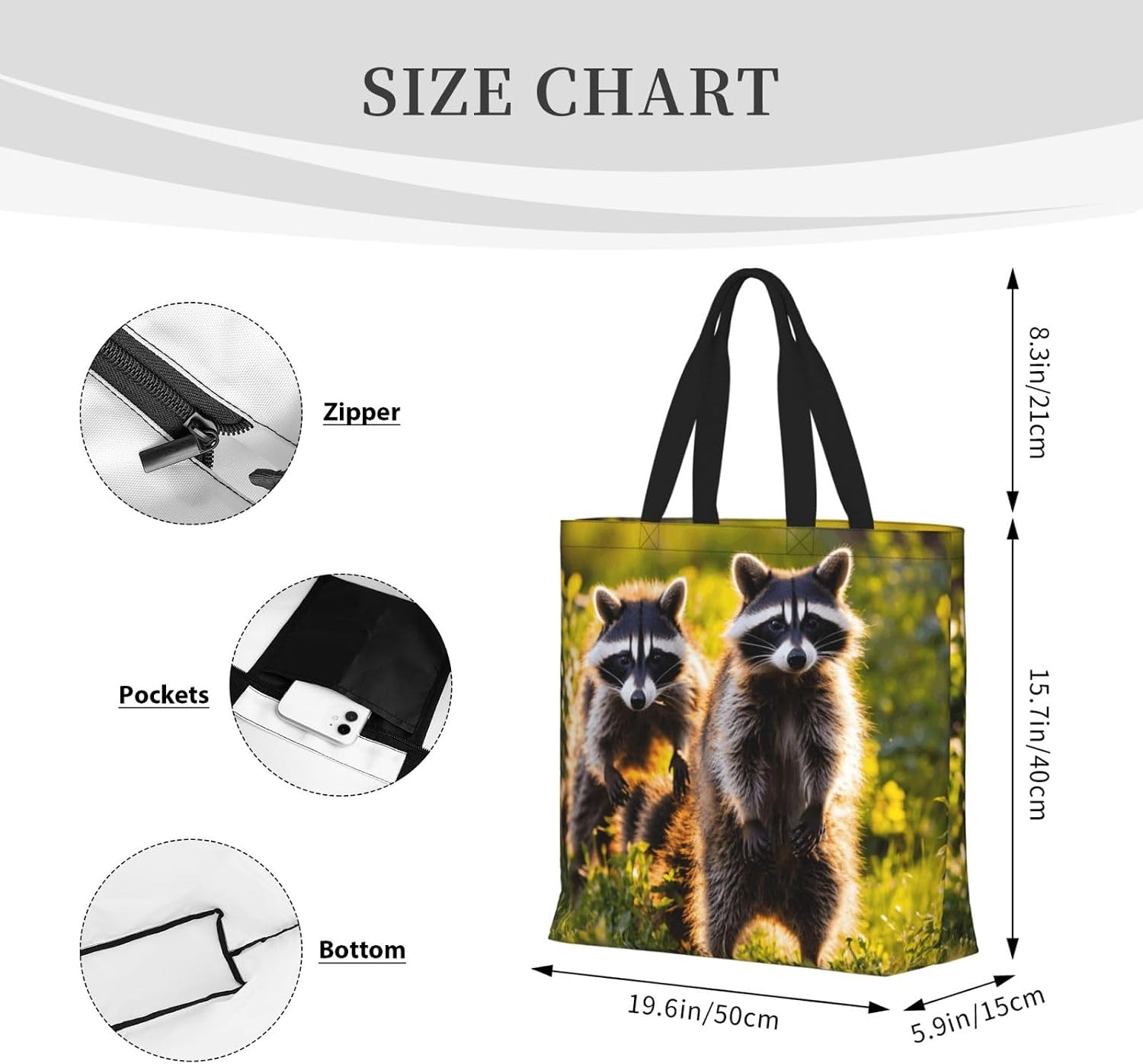 Cute Raccoon Print Eco-Friendly Tote Lightweight Grocery Bag Daily Commuting Travel Beach Gym Use