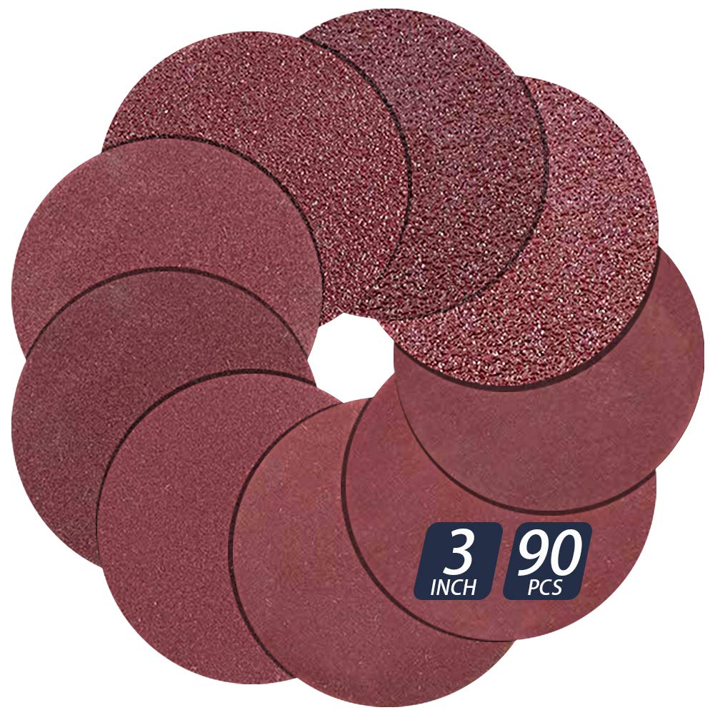90 PCS 3 Inch Hook and Loop Assorted Aluminum Oxide Sanding Discs - 3 in No Hole - Orbital Sander Pad - Sander Paper,Sandpaper