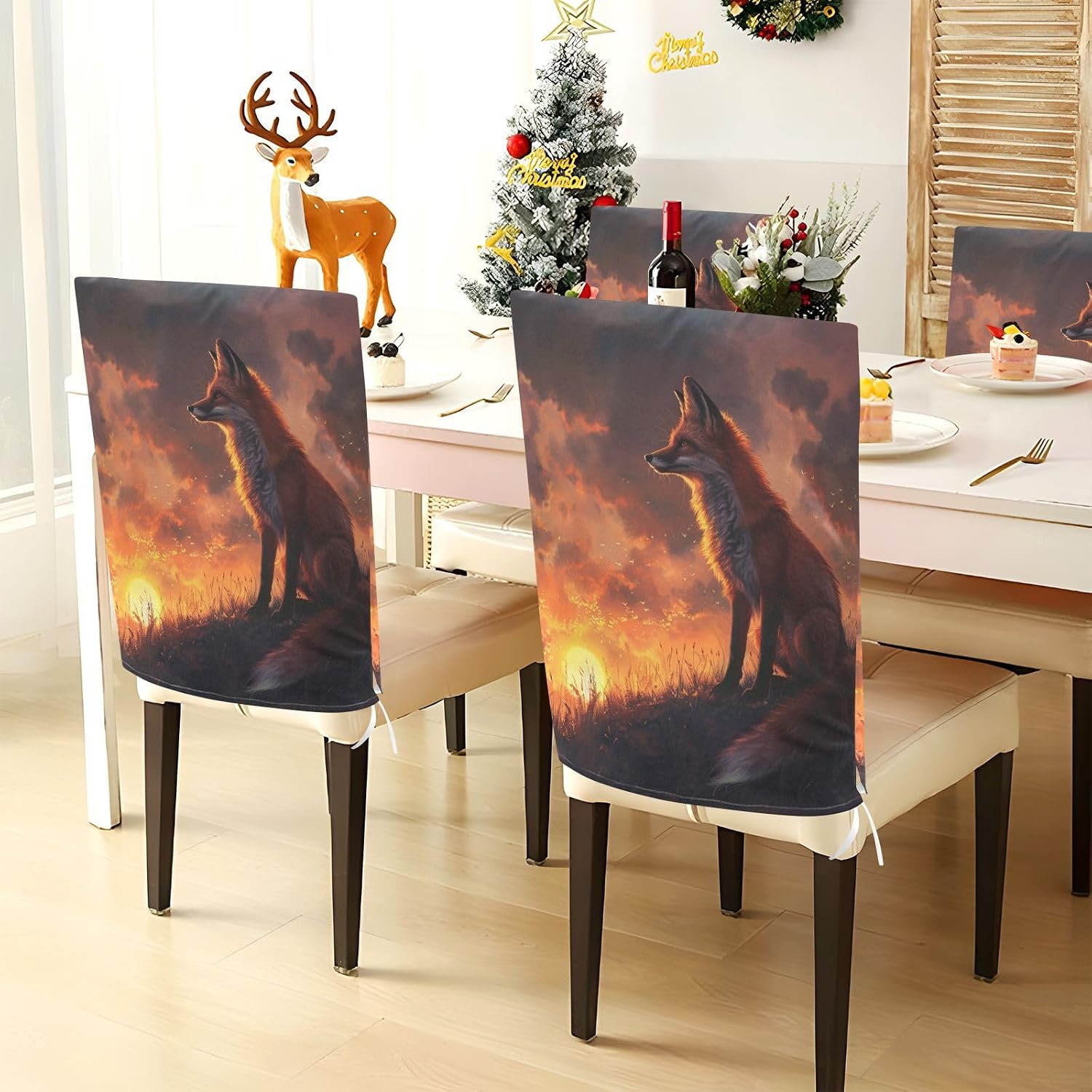 ALAZA Fox Sunset Mountain Chair Back Cover Set of 6, Washable Reusable Removable Chair Slipcovers Decorative Chair Cover for Home Kitchen Wedding Party