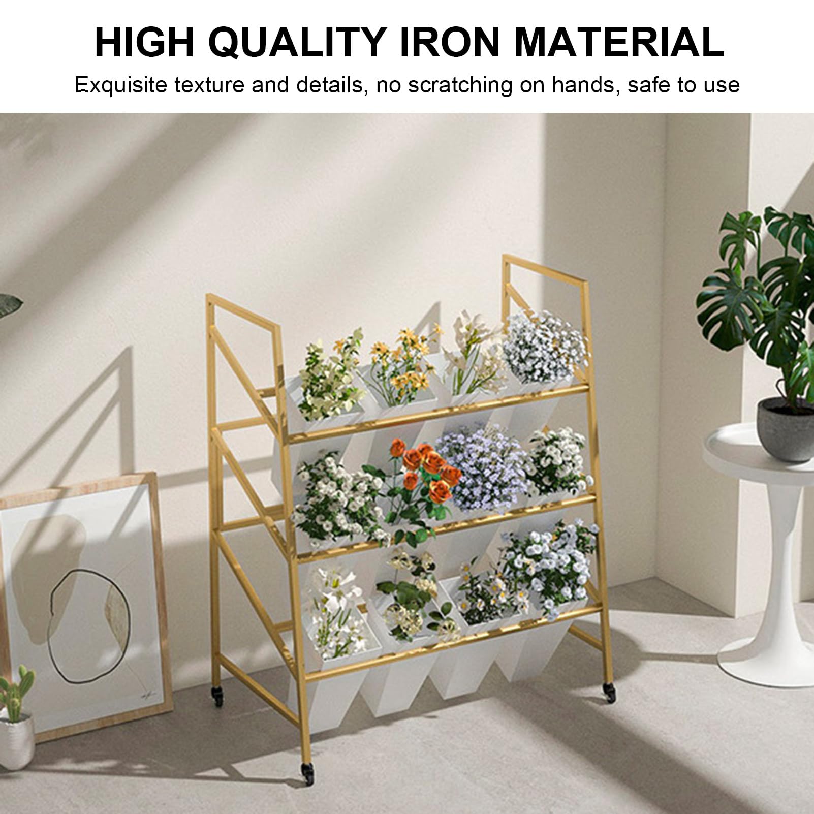 Support De Plantes 3 étages Sur Roulettes - Métal Blanc, 12 Seaux Inclus - Dimensions 100x50x110 Cm - Pour Intérieur, événements, Mariage - 6