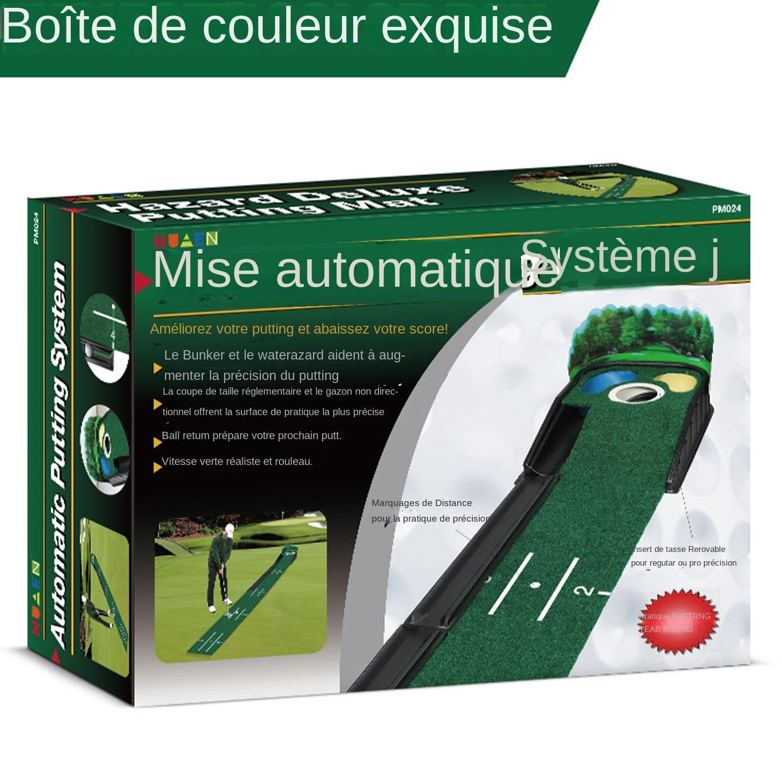 Tapis de putting pour pratique de golf, putting green intérieur,Tapis de golf | Accessoires de Golf à Base en bois massif, utilisation intérieure et extérieure en velours, avec retour automatique de b