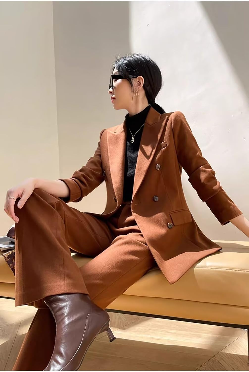 Women's Two Pieces Suit Outfits Casual Double Breasted Jacket Wide Leg Work Pants Business