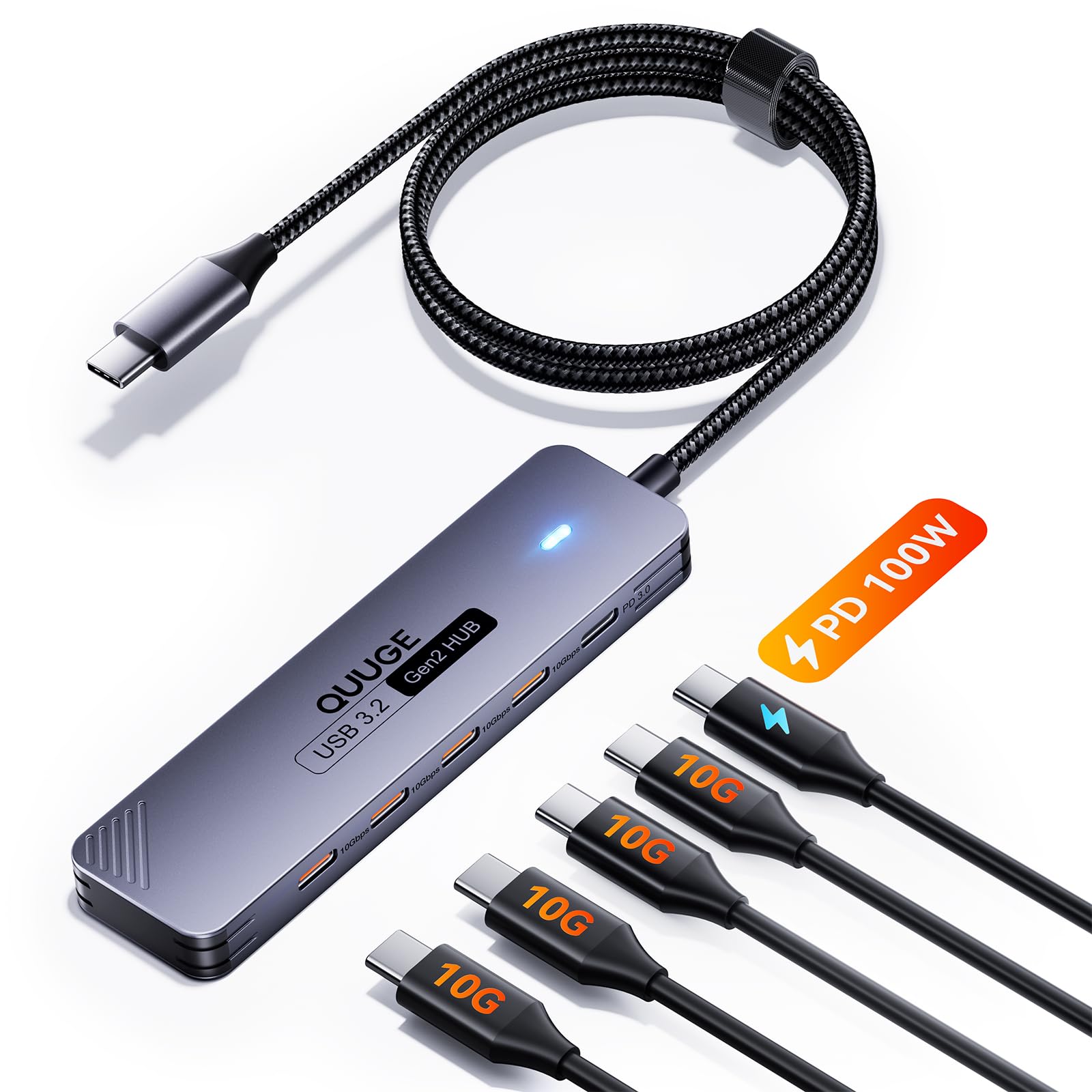 QUUGE USB C Hub 10 Gbps, PD100W, 4 USB 3.2 Datenports USB Splitter, Multiport Adapter USB Verteiler mit 100cm Nylon-Kabel Kompatibel für iPhone 17/16, MacBook, iPad, Surface Laptop