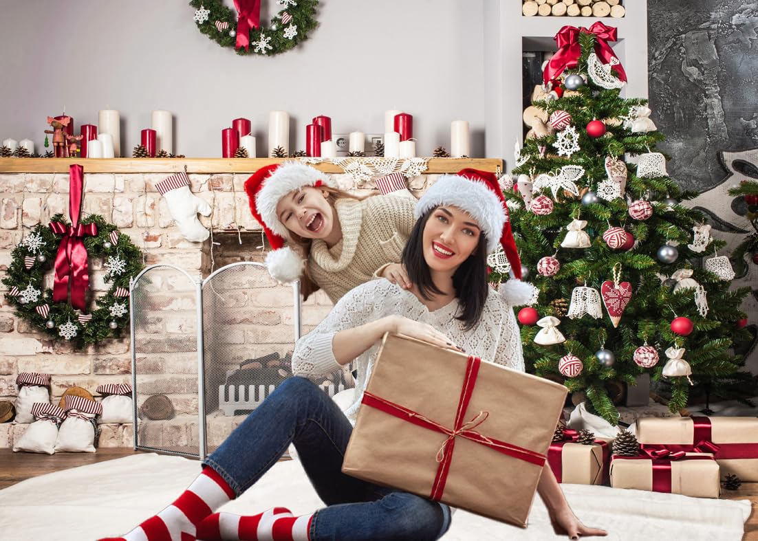 AIIKES 7x5FT Weihnachtshintergrund Weihnachten Kamin Fotografie Fuer Kulisse Socken Weihnachtsbaum Und Geschenke Box Familie Party Dekorationen Fotostudio Requisiten 12 363