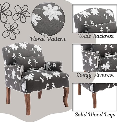 Miniatura 19 de Silla decorativa floral con brazos de tela de lino moderna con almohada extraíble, silla de lectura en esquina tapizada, cómodo sofá individual para