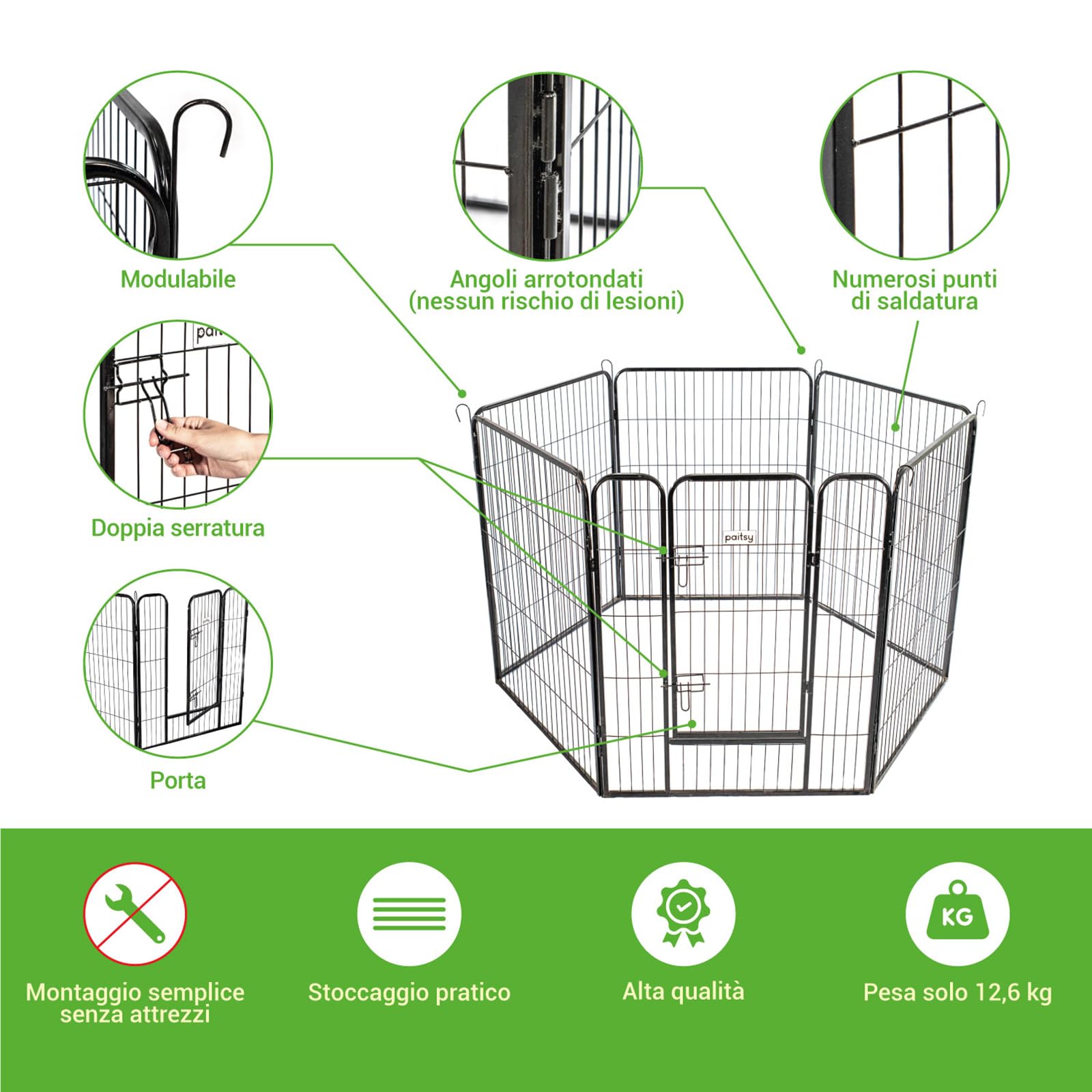 Recinto per cani, cuccioli e conigli GARDEO80x100x6, 6 pannelli 80X100cm, 1,28M2, modulabile, per interni ed esterni, pieghevole, garanzia 5 anni, Paitsy