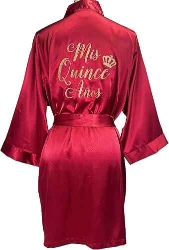 Personalized Satin Robe for Quinceañera, Mis Quince, Sweet 16, Bridesmaid, or Birthday, Custom Glitter Design Batas with Crown, Tiara, or Diamond