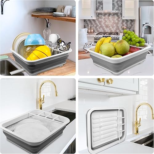 Miniatura 4 de Escurridor de platos plegable portátil para encimera de cocina, tapones de drenaje y puertos de drenaje giratorios, ahorro de espacio, adecuado para