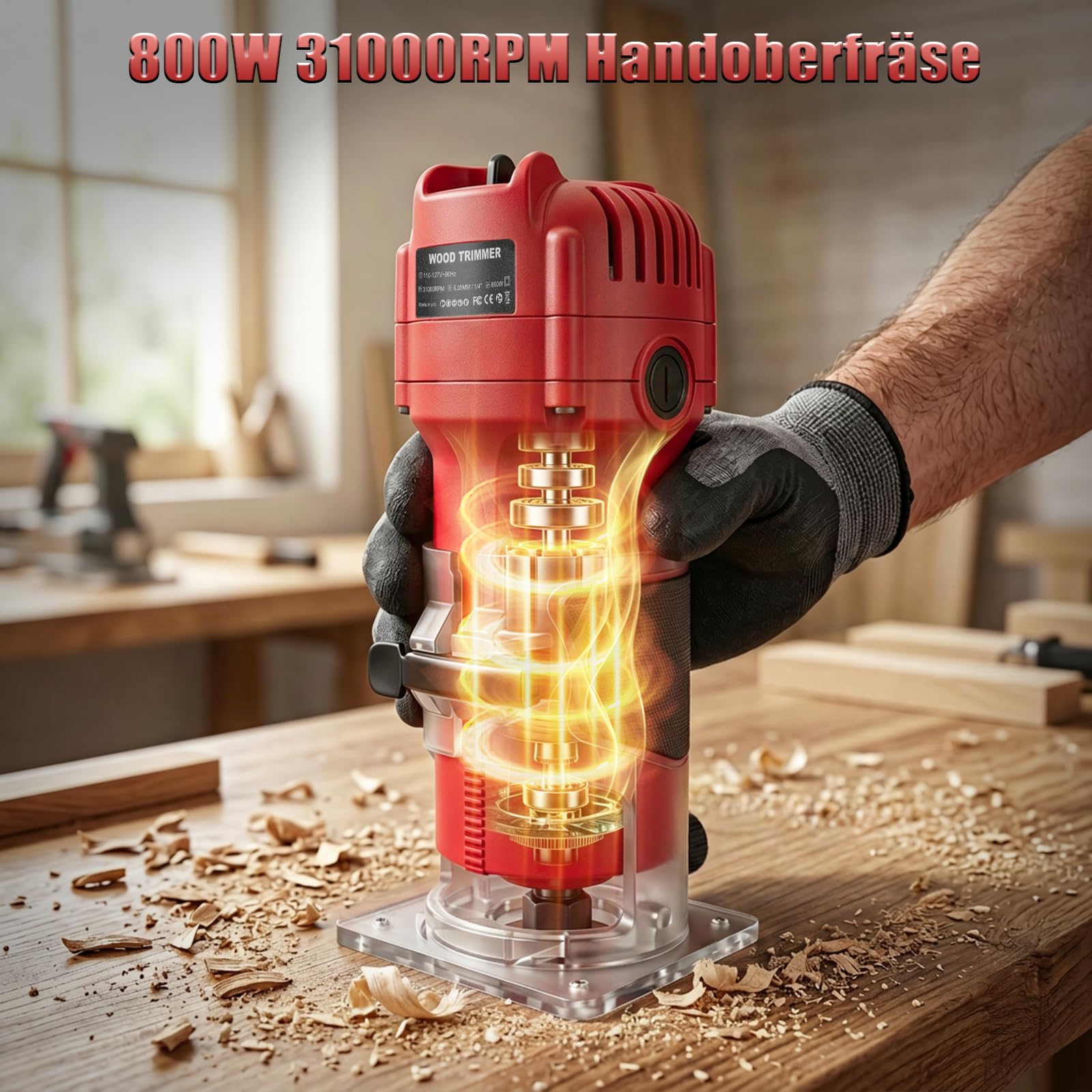 YEARTOP Kantenfräse Holz 800W, Oberfräse Set mit 6tlg. Fräsern in Holzbox, 31000 U/min Einhandfräse Elektro, Palstikbasis & Parallelanschlag Kopierführung für Holzbearbeitung Präzises Trimmen & Nuten