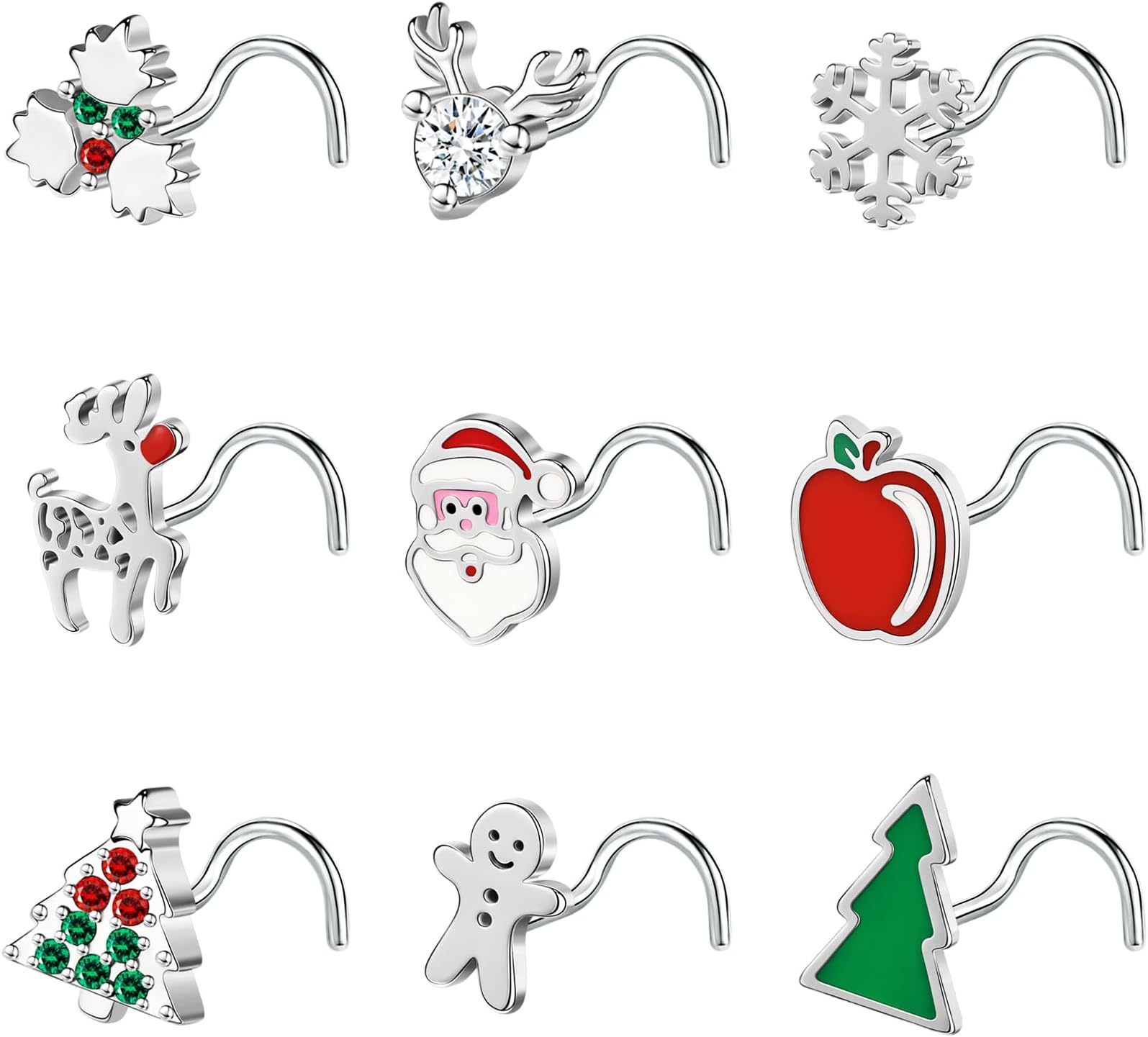 BodyAce20G Christmas Nose Rings, Stainless Steel Nose Studs l Shaped Nostril Ring, Corkscrew Nose Piercing Christmas Jewellery for Women Men