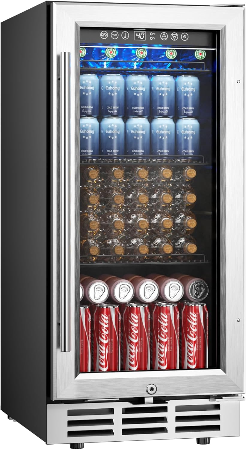 EUHOMY 15 Inch Beverage Refrigerator Cooler Under Counter 127 Cans Beverage Fridge Built-in or Freestanding with Glass Door, LED Light, Beer Fridge for Soda, Water, Wine - Home Kitchen Bar.