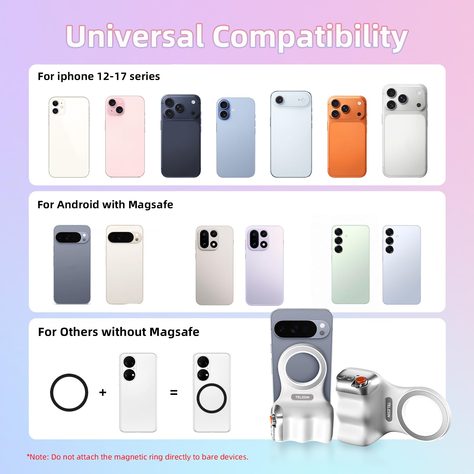 Fun Shot Empuñadura Magnética para Smartphone con Luz de Relleno Magnética RGB,Control Remoto Bluetooth de 10 Metros con Carga USB-C Desmontable,1/4 Rosca,Compatible con iPhone y Android