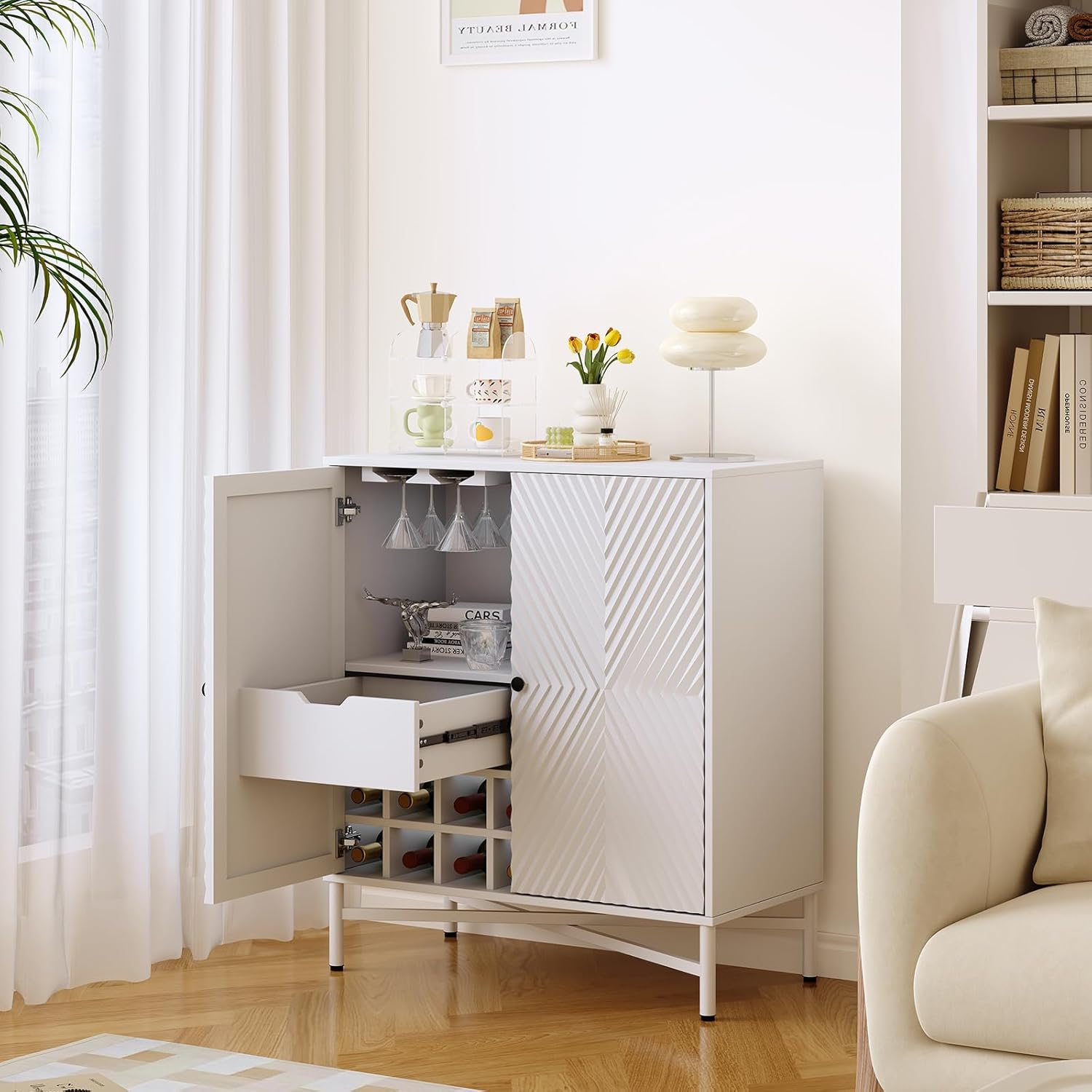 Fluted Wine Bar Cabinet with Storage, 31.5" Liquor Cabinet with Wine Racks and Glass Holder, Modern Coffee Bar Cabinets Accent Sideboard Buffet Table for Kitchen Dining Room, Living Room, White