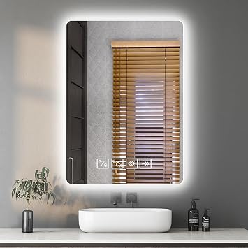 50×70cm Bluetooth Bathroom Mirror with Led Lights and Dual Touch Switch, Wall Mounted Vanity, Anti-fog, 3 Colors Dimmable Light, Rectangle Demister Mirror with Backlit Lights for Bathroom