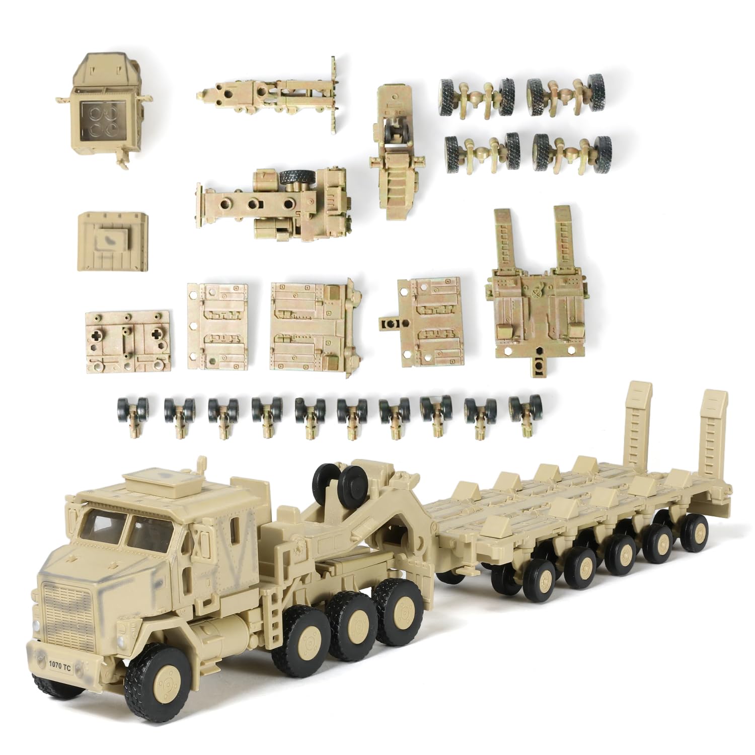 SEBUNAS 1/72 Scale OshKosh M1070 Heavy Equipment Tank Transporter Quick Build Plastic Assembly Model Kit (Desert) as Collection Decoration Gift Toy for Kid Teenager and Adult (124 PCS)
