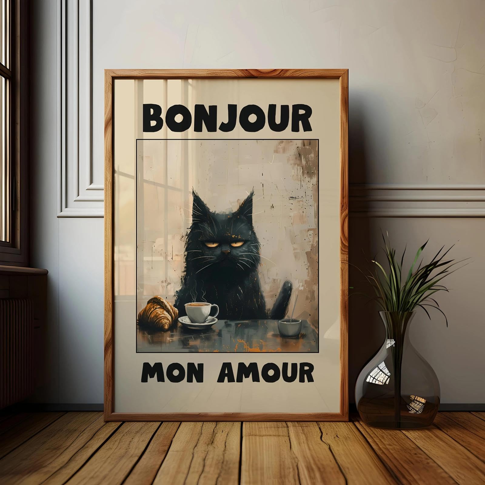 Baibexing Vintage Bonjour Mon Amour Canvas Poster - Black Cat With French Breakfast, Wall Art For Living Room, Bedroom, Kitchen, 21X30Cm Unframed