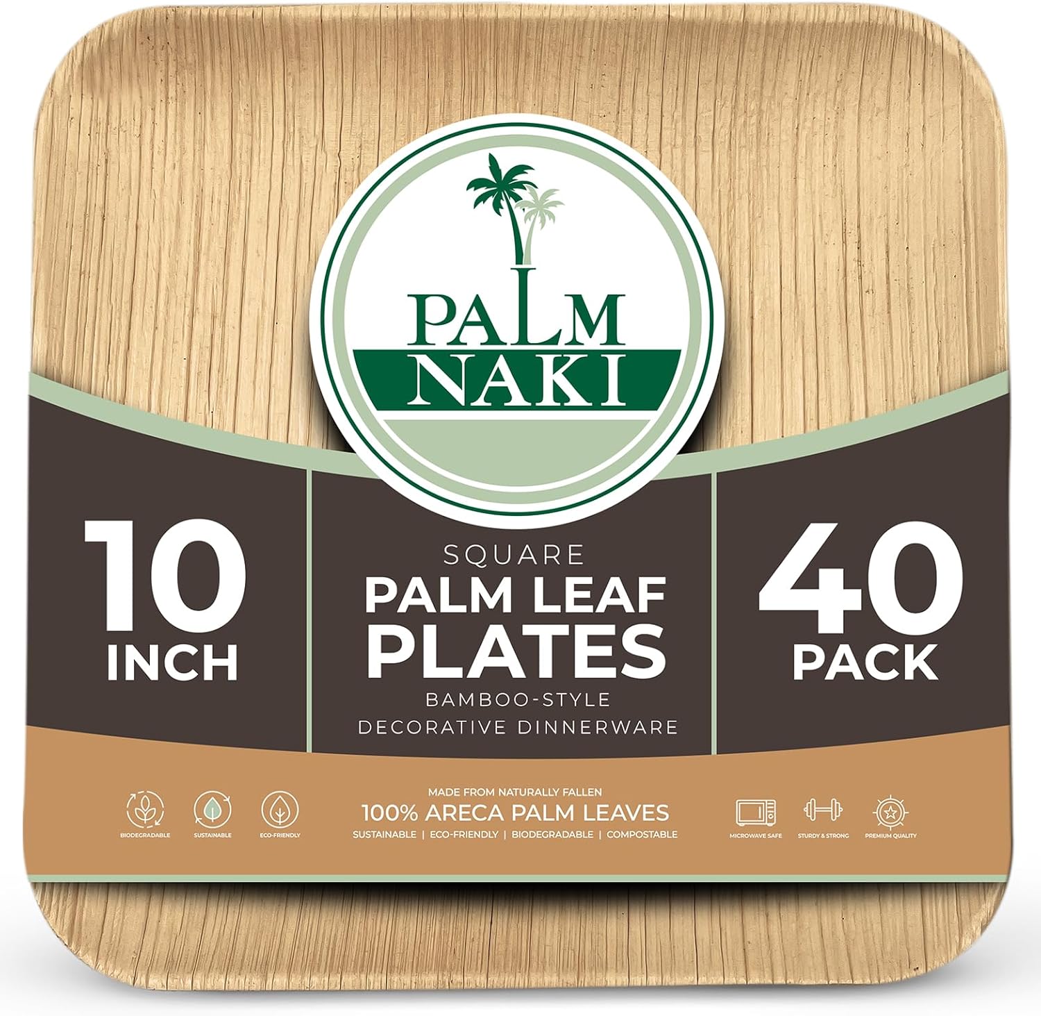 PALM NAKI Eco-Friendly Palm Leaf Plates - 10-Inch Square - Bamboo Style (40 Pack), Sustainable, Decorative & Compostable Tableware (10" Plates)
