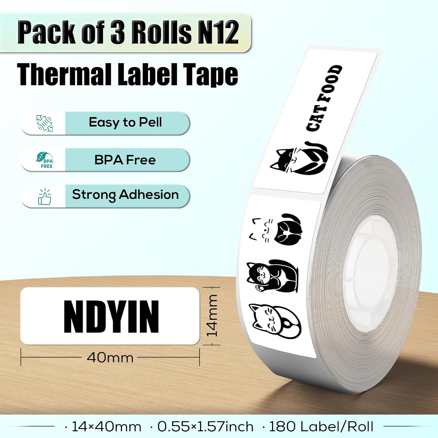 Labels N12 Label Maker Tape, Label Printer Paper, 14x40mm (0.55"x1.57"), Black on White Sticker Thermal Paper Self-Adhesive, Multipurpose of N12, 180 Labels/Roll, 3-Roll, White