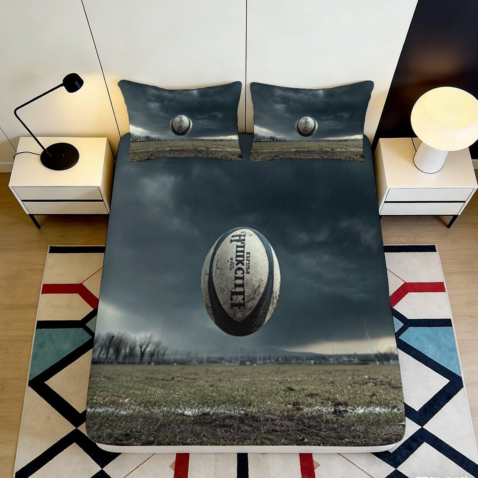 3D Printed Stormy Sky Fitted Sheet Microfiber Soft Rugby Field Bed Cover for Bedroom Guest Room Mattress Protection 90x200x25cm