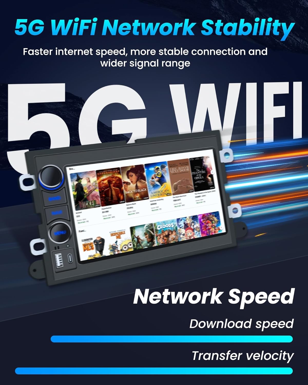 Jufodrca car radio displaying 5G WiFi network stability and speed