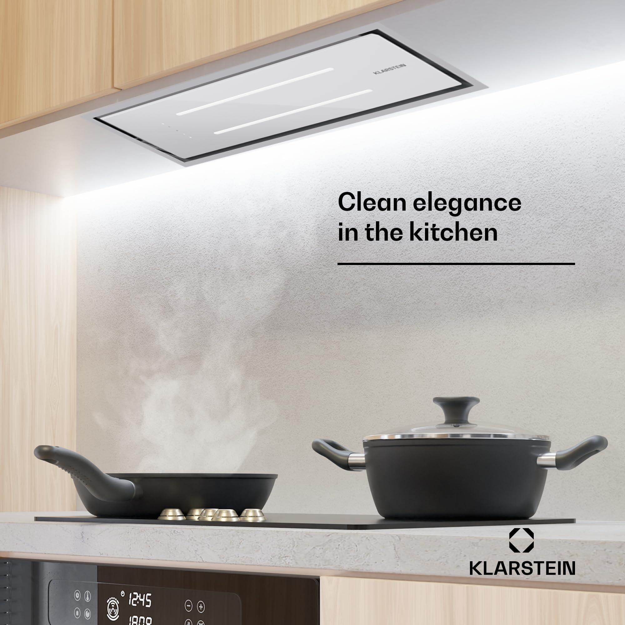 Klarstein Okap kuchenny, Okap wyciągowy z aluminiowym filtrem do zmywarki, Cichy wyciągowy, Przepływ 436 m³/h, Wydajne okapy ścienne z diodami LED i panelem dotykowym