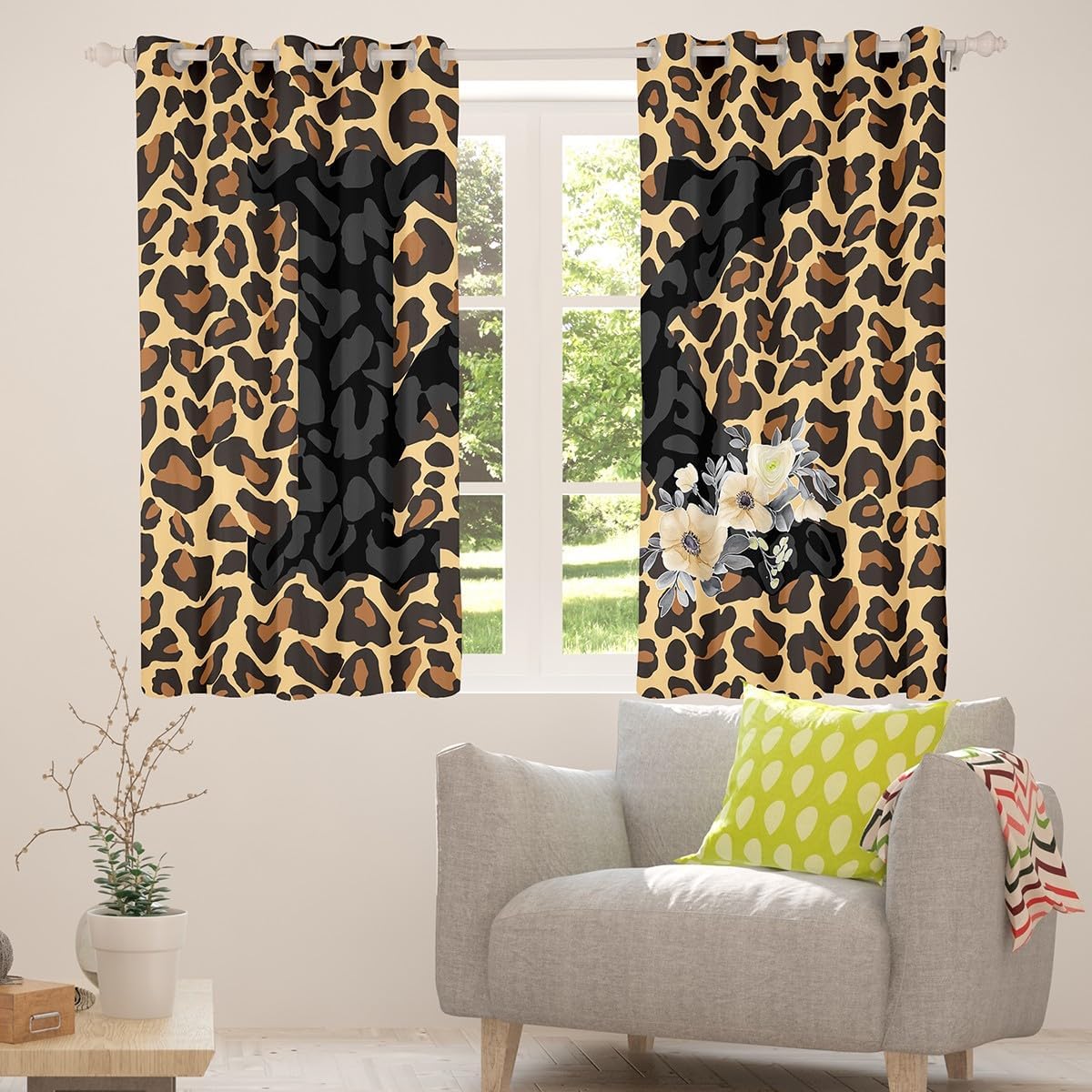 Personalized Black K Blackout Curtains for Bedroom - Brown Leopard Print Window Curtains 2 panel Sets 42"Wx63"L,Customizable Monogrammed Initial Letter Cheetah Print Window Treatments Drapes