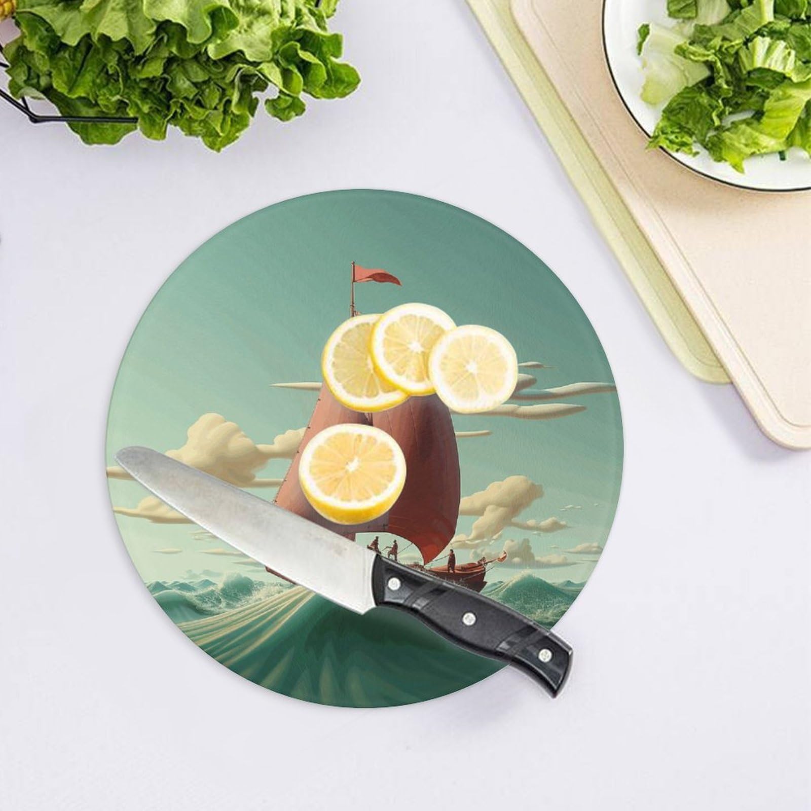 Tagliere rotondo con nave che vola in mare, facile da pulire, taglieri per cucina di grandi dimensioni 7,9, taglieri essenziali da cucina, comodo per carne e verdure