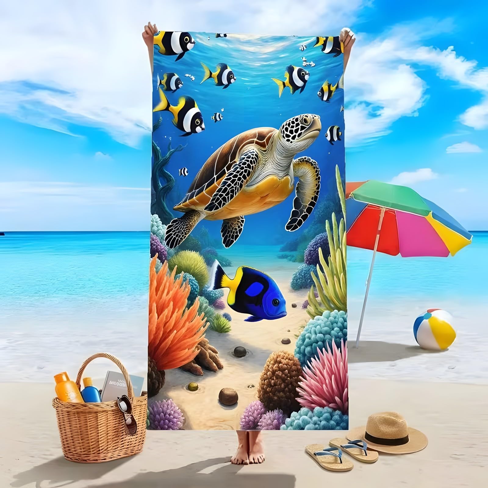 YZQGLHP Sea Turtle Microfibre Beach Towel Seaweed Beach Bath Towel Quick Drying, Lightweight, Sand-Free, Durable, for Pool, Gym, Camping, Travel Towel 180x200cm