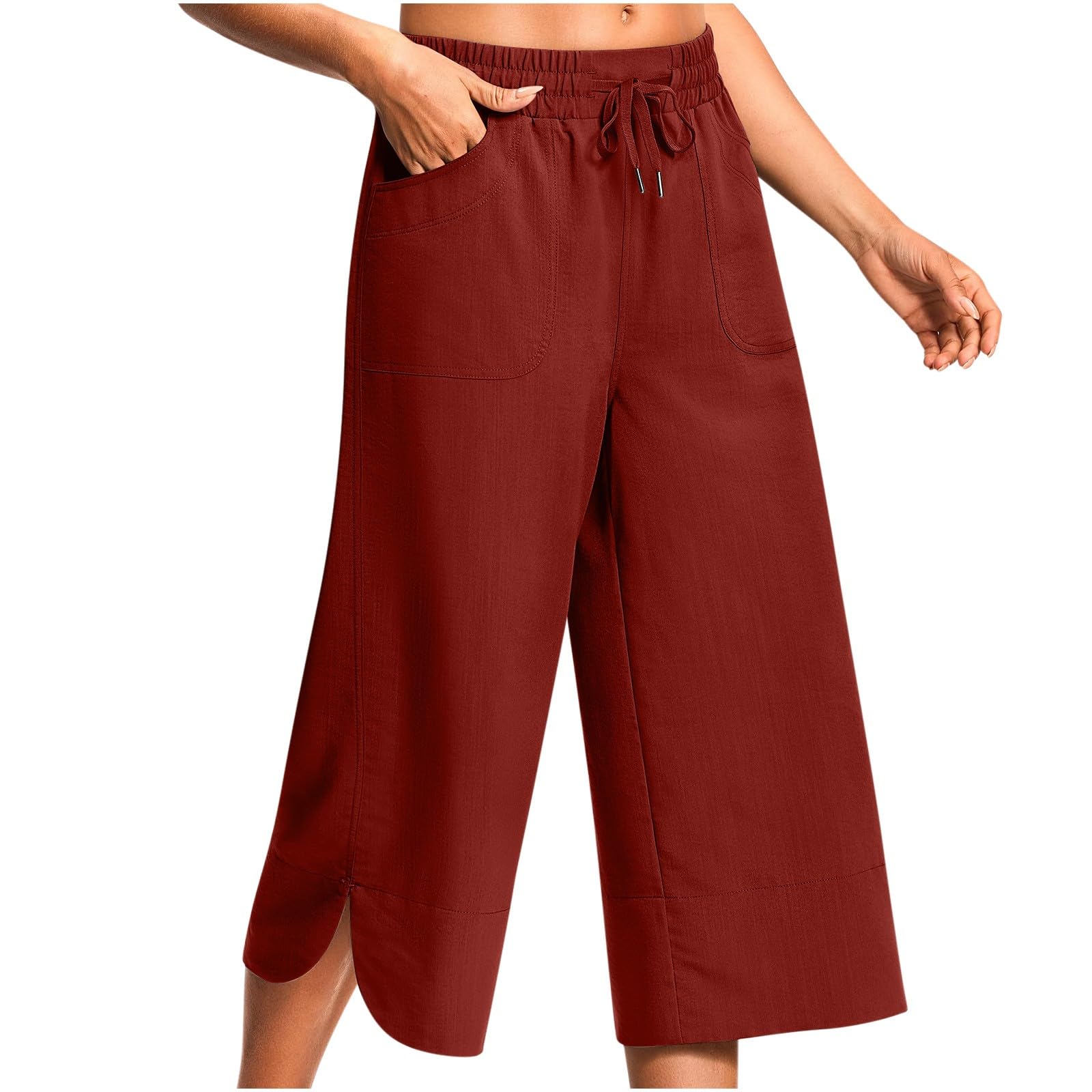 Womens Summer Pants Elastic High Waisted Drawstring Wide Leg Pant Casual Loose Cropped Beach Trousers with Pockets Red
