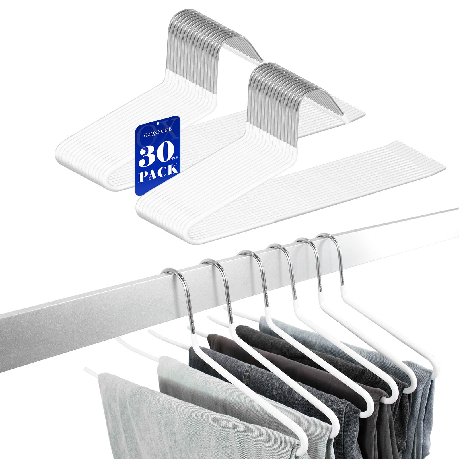 GZQXHOME Pants Hangers 30 Pack Non Slip,Trouser/Blanket/Jeans Hangers for Closet Space Saving,Open Ended Pants Hanger Strong Durable (White)