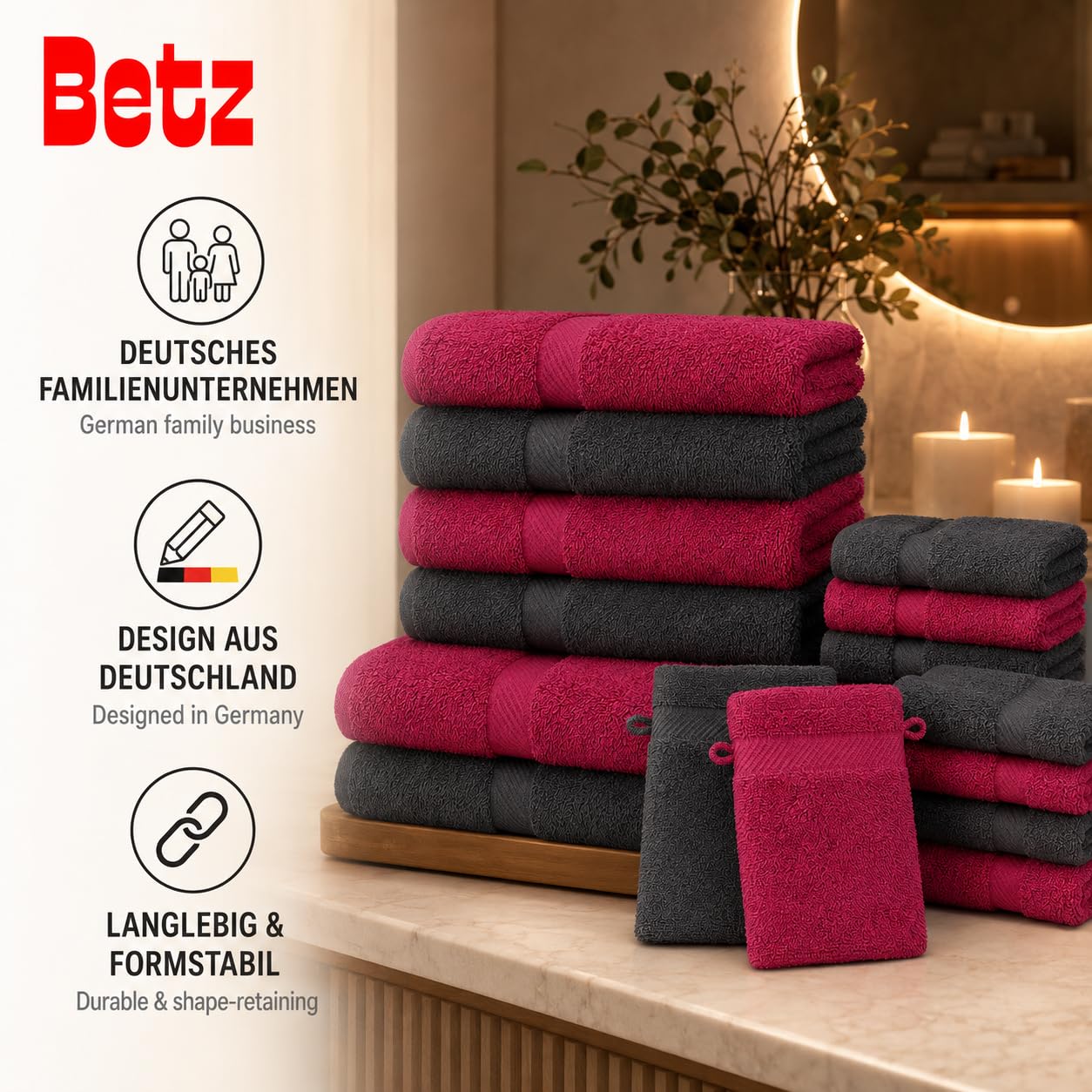 Betz 12-TLG. Handtuch-Set Palermo 100% Baumwolle 2 Liegetücher 4 Handtücher 2 Gästetücher 2 Seiftücher 2 Waschhandschuhe Farbe Cranberry und anthrazit