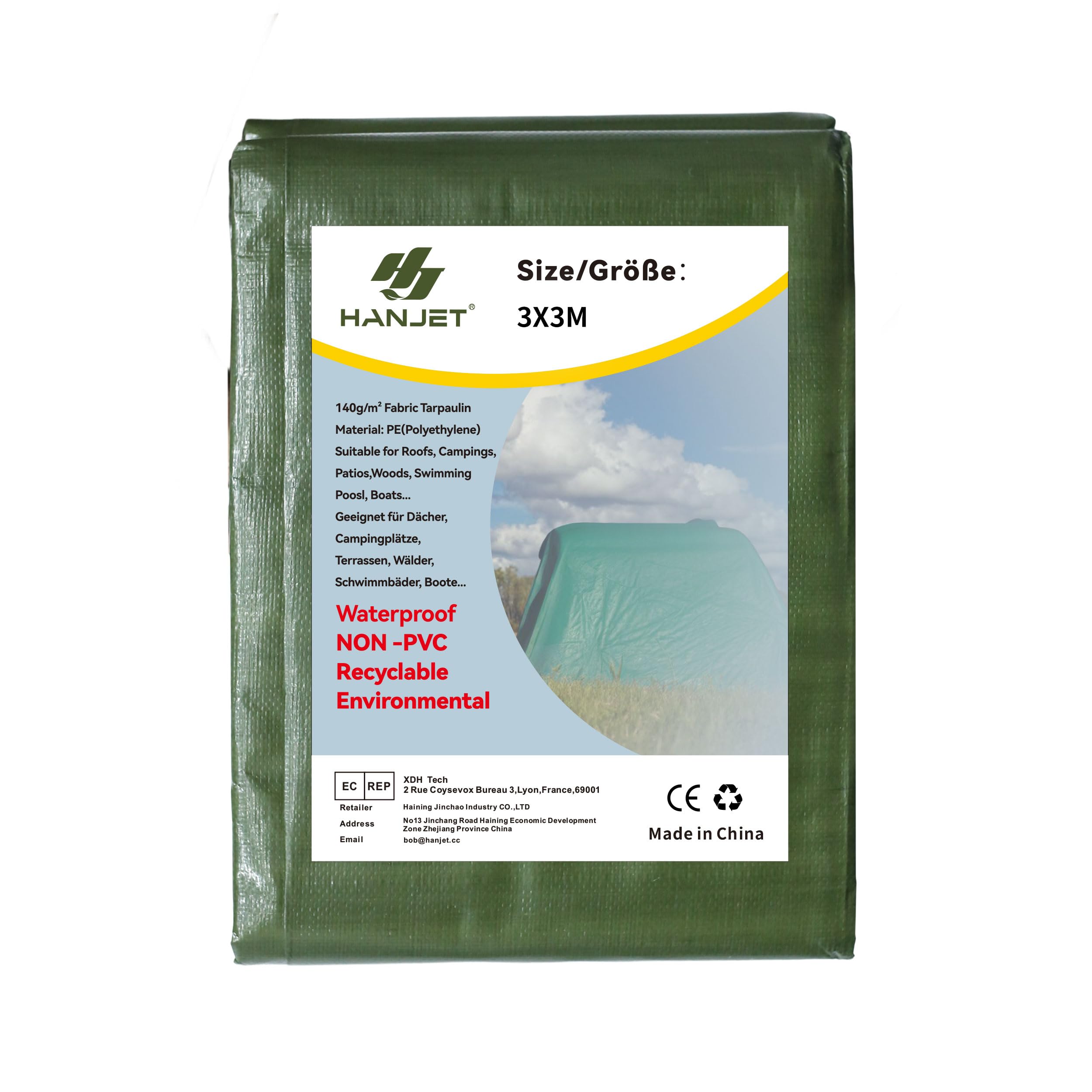 Hanjet grüne PE Plane Abdeckplane 140g/m² wasserdichter, robust & recycelbar, Schutzplane für Pool, Holz, Zelt & Lastwagen (3 x 3 m)